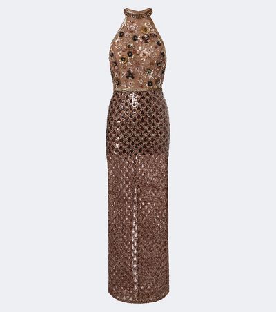La Fuori Là Fuori Scales of Gold embellished halterneck gown