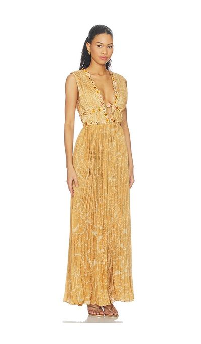 LA FUORI LA FUORI Honeydew Printed Draped Gown