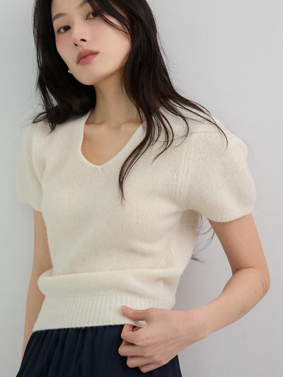LA KOSMO SPRING CASHMERE PUFF SLEEVE KNIT [WHITE]