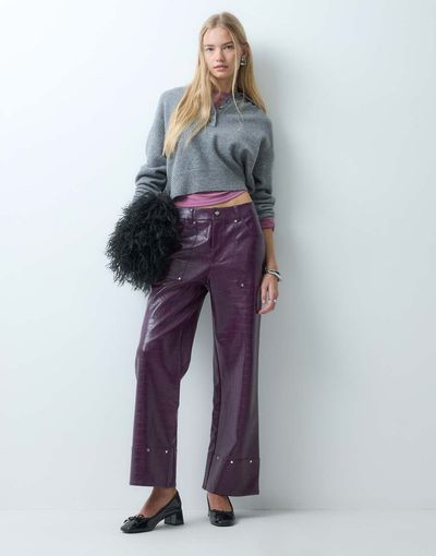 Laagam Elwyn Textured Low Rise Wide Leg Pants With Stud Details In Burgundy Plum Purple