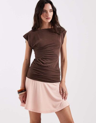 Laagam Laagam Fiora slinky contrast mini dress in brown and pink-Multi