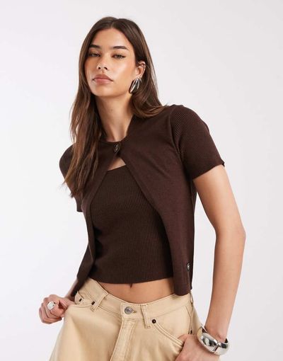 Laagam Laagam Gala knit top with cardigan overlay in brown