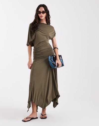 Laagam Laagam Izola asymmetric draped jersey maxi dress in khaki green