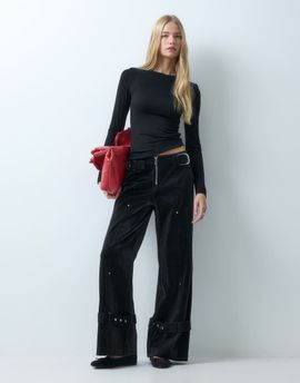 Laagam Laagam kaori texured low rise wide leg pants with belt detail in black