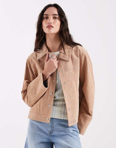 Laagam Laagam luana real suede button down jacket in taupe - part of a set-Brown