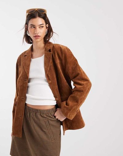 Laagam Laagam maira real suede long jacket in brown