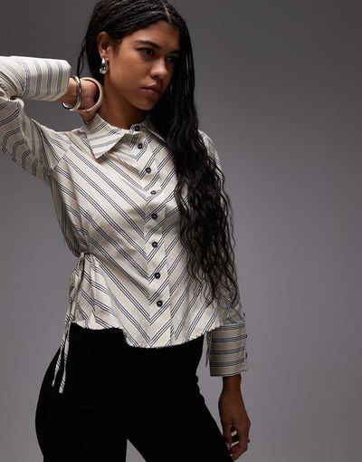 Laagam LAAGAM opera poplin fitted shirt with side ties in black and white stripes-Multi