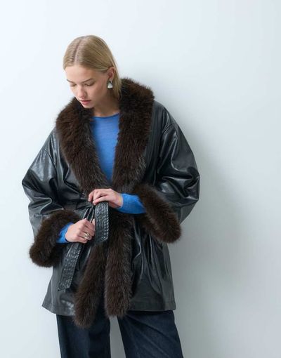 Laagam Laagam Oriane fur trim belted short coat in black