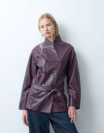 Laagam Laagam quinn long jacket with belt in plum-Purple