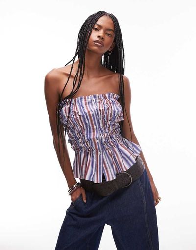 Laagam LAAGAM strapless stripe top with gathered front in multi stripe