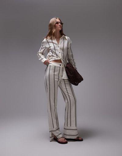 Laagam Laagam striped linen mix pants in brown - part of a set-White