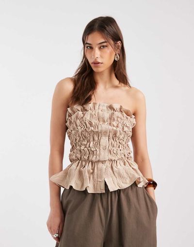Laagam Laagam susan strapless ruched ruffle top in sand-Neutral
