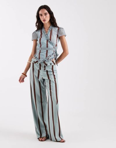 Laagam Laagam tashi straight flow pants in turquoise stripes-Blue