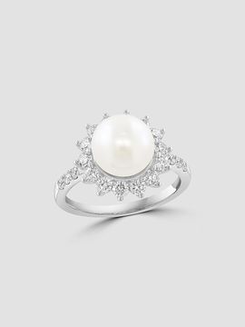 Lab Grown Diamonds with Pearl Women's 18K White Gold, 0.73 TCW Lab-Grown Diamond & Freshwater Pearl Ring