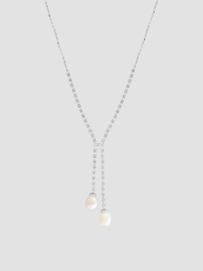 Lab Grown Diamonds with Pearl Women's 18K White Gold, 2.19 TCW Lab-Grown Diamond & Freshwater Pearl Necklace