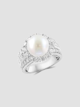 Lab Grown Diamonds with Pearl Women's 18K White Gold, Cultured Freshwater Pearl & 2.09 TCW Lab-Grown Diamond Halo Ring