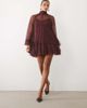 Lace & Beads Lace & Bead sheer tulle high neck bell sleeve mini dress in purple polka dot - 3