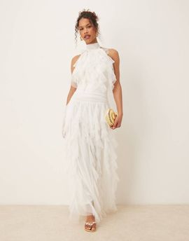 Lace & Beads Lace & Beads backless ruffle tulle maxi dress in ivory-White
