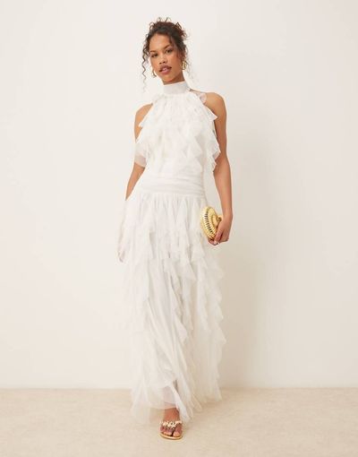 Lace & Beads Lace & Beads backless ruffle tulle maxi dress in ivory-White