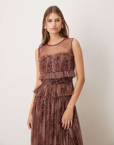 Lace & Beads Lace & Beads bandeau mesh top in leopard-print plum-Purple