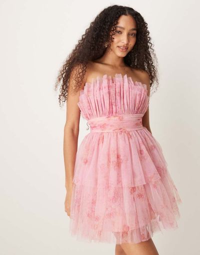 Lace & Beads Lace & Beads bandeau tiered tulle mini dress in baby pink floral