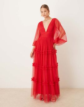 Lace & Beads Lace & Beads boho ruffle maxi dress in red