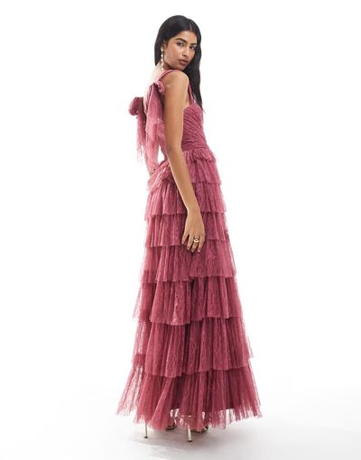 Lace & Beads Lace & Beads Bridesmaid bow shoulder lace tulle maxi dress in orchid-pink