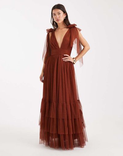 Lace & Beads Lace & Beads Bridesmaid bow shoulder tulle maxi dress in rust-Brown