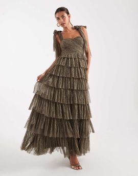 Lace & Beads Lace & Beads Bridesmaid lace bow shoulders tiered maxi dress in olive-Green