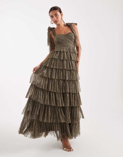 Lace & Beads Lace & Beads Bridesmaid lace bow shoulders tiered maxi dress in olive-Green