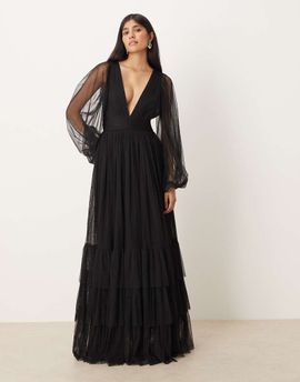 Lace & Beads Lace & Beads Bridesmaid long sleeve maxi dress in black