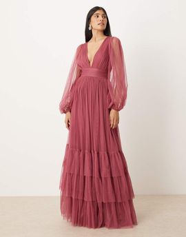 Lace & Beads Lace & Beads Bridesmaid long sleeve maxi dress in orchid-pink