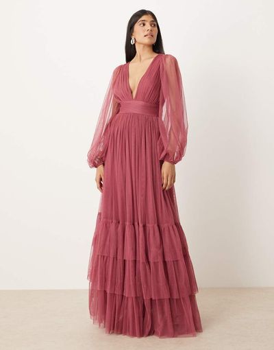 Lace & Beads Lace & Beads Bridesmaid long sleeve maxi dress in orchid-pink