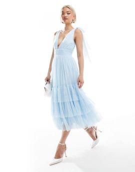 Lace & Beads Lace & Beads Bridesmaid Madison bow shoulder tiered midi dress in powder blue