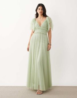 Lace & Beads Lace & Beads Bridesmaid mesh flutter sleeve shirred waist maxi dress in sage green