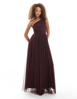 Lace & Beads Lace & Beads Bridesmaid one shoulder maxi dress in plum-Red