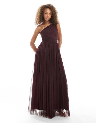 Lace & Beads Lace & Beads Bridesmaid one shoulder maxi dress in plum-Red