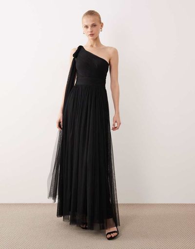 Lace & Beads Lace & Beads Bridesmaid one shoulder scarf neck maxi dress in black