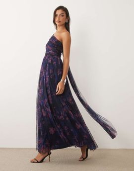 Lace & Beads Lace & Beads Bridesmaid one shoulder scarf neck maxi dress in dark blue floral-Multi