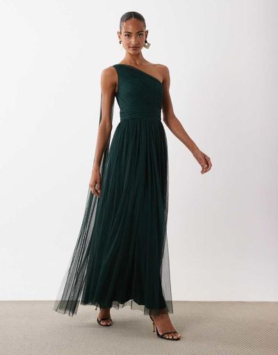 Lace & Beads Lace & Beads Bridesmaid one shoulder scarf neck maxi dress in emerald green