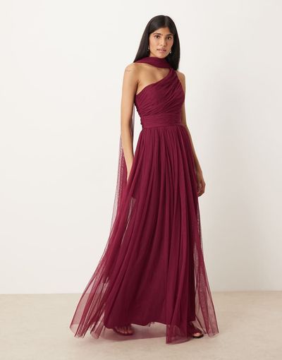 Lace & Beads Lace & Beads Bridesmaid one shoulder scarf neck maxi dress in fig-Purple