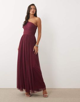 Lace & Beads Lace & Beads Bridesmaid one shoulder scarf neck maxi dress in fig-Red