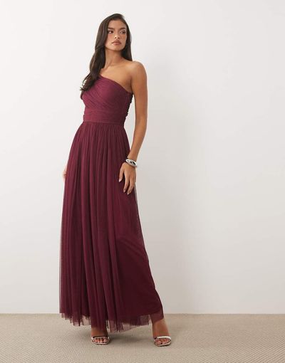 Lace & Beads Lace & Beads Bridesmaid one shoulder scarf neck maxi dress in fig-Red