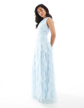 Lace & Beads Lace & Beads Bridesmaid one shoulder waterfall ruffle maxi dress in powder blue