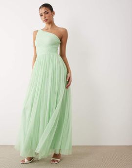 Lace & Beads Lace & Beads Bridesmaid tulle one shoulder fitted waist maxi dress in light sage-Green