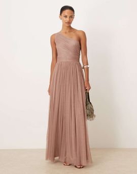 Lace & Beads Lace & Beads Bridesmaid tulle one shoulder maxi dress in taupe-Neutral