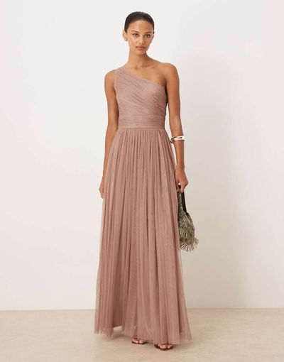 Lace & Beads Lace & Beads Bridesmaid tulle one shoulder maxi dress in taupe-Neutral
