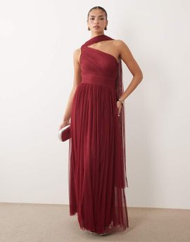 Lace & Beads Lace & Beads Bridesmaid tulle one shoulder scarf neck fitted waist maxi dress in raspberry-pink