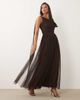 Lace & Beads Lace & Beads Bridesmaid tulle one shoulder scarf neck maxi dress in chocolate-Brown - 1
