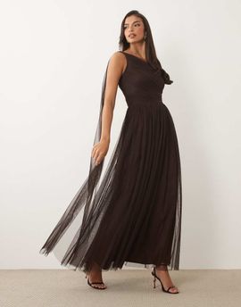 Lace & Beads Lace & Beads Bridesmaid tulle one shoulder scarf neck maxi dress in chocolate-Brown